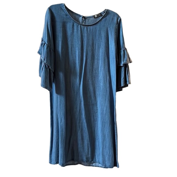M Dresses & Skirts - Chambray Dress Lightweight Denim Bell Sleeve Ruffle Size Large